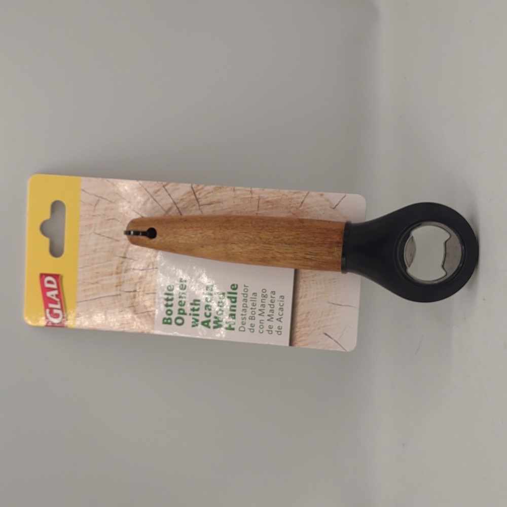 Glad Acacia wood handle bottle opener promotional retro woodsy modern earthy